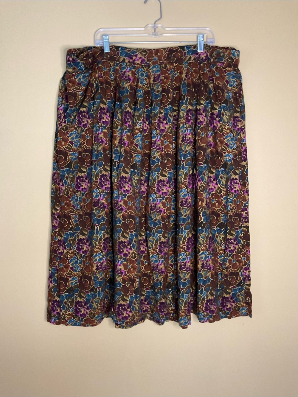 Floral Midi Skirt in Brown with Purple & Blue Accents